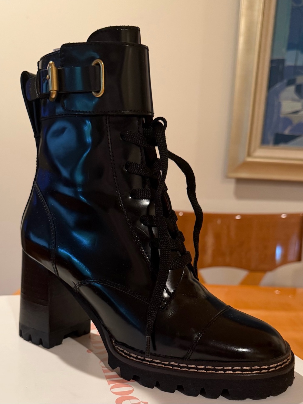 New See By Chloe Black Patent Lace-Up Block Heel Ankle Boots